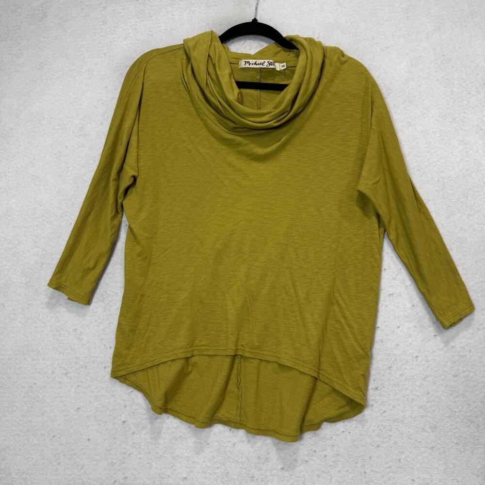 Michael Stars Shirt Womens OneSize Green Cowl Neck 3/4 Sleeve High Low Tunic Top
